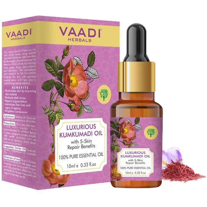 Vaadi Herbals Luxurious Kumkumadi Oil (Pure Mix of Saffron, Sandalwood, Manjistha & Almond Oil) - Reduces Dark Circles, Pigmentation & Brightens Complexion