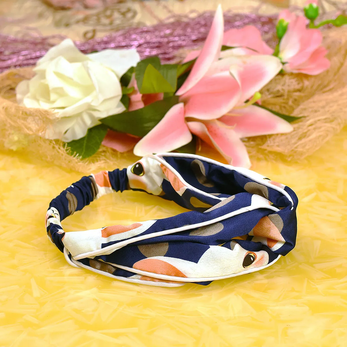 YoungWildFree Blue Bunny Printed Elastic Knot Wrap Headbands For Women