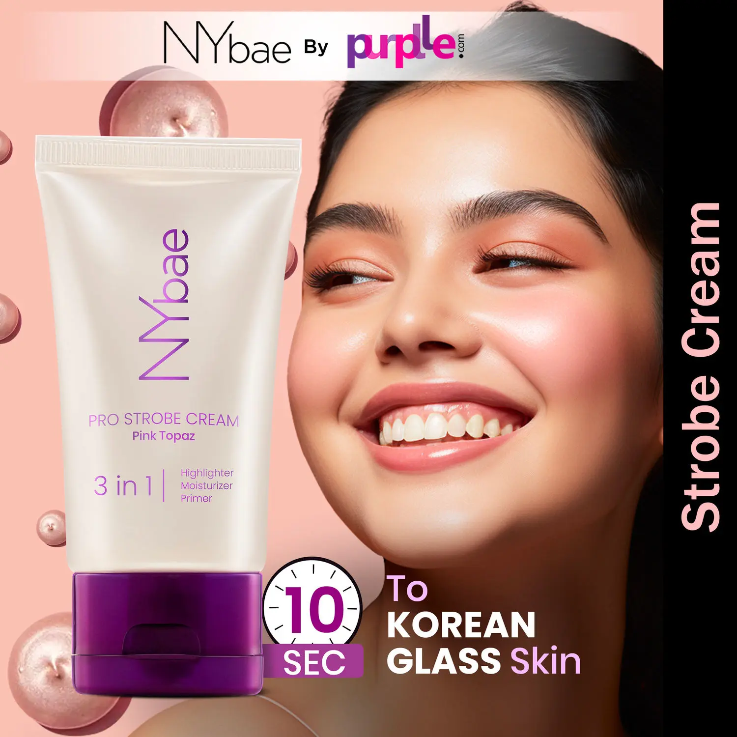 NY Bae PRO Strobe Cream | Primer + Highlighter + Moisturiser | Glowing Korean Skin | Value Pack - Pink Topaz (30g)