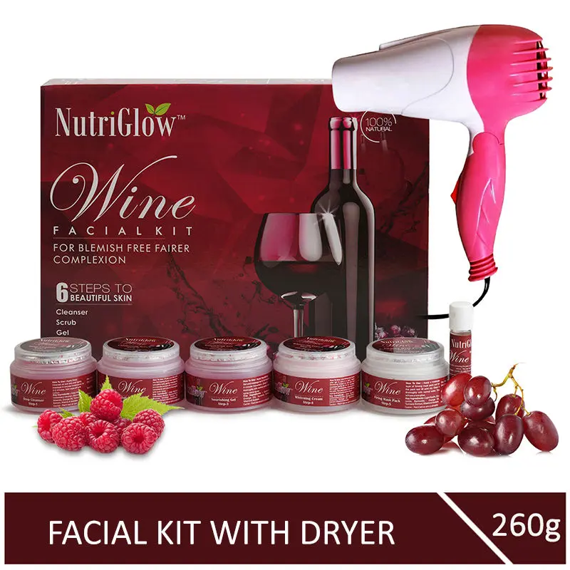 NutriGlow Wine Facial Kit For Blemish Free Fairer Complexion (260 gm) With Assorted Pink Hair Dryer