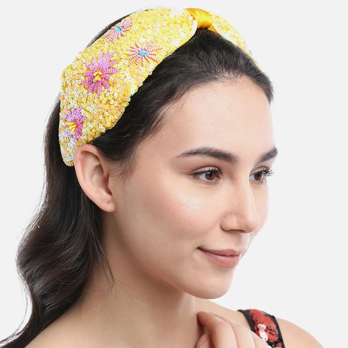 Blueberry Yellow And Pink Sequin Embellished Satin Knot Hair Band