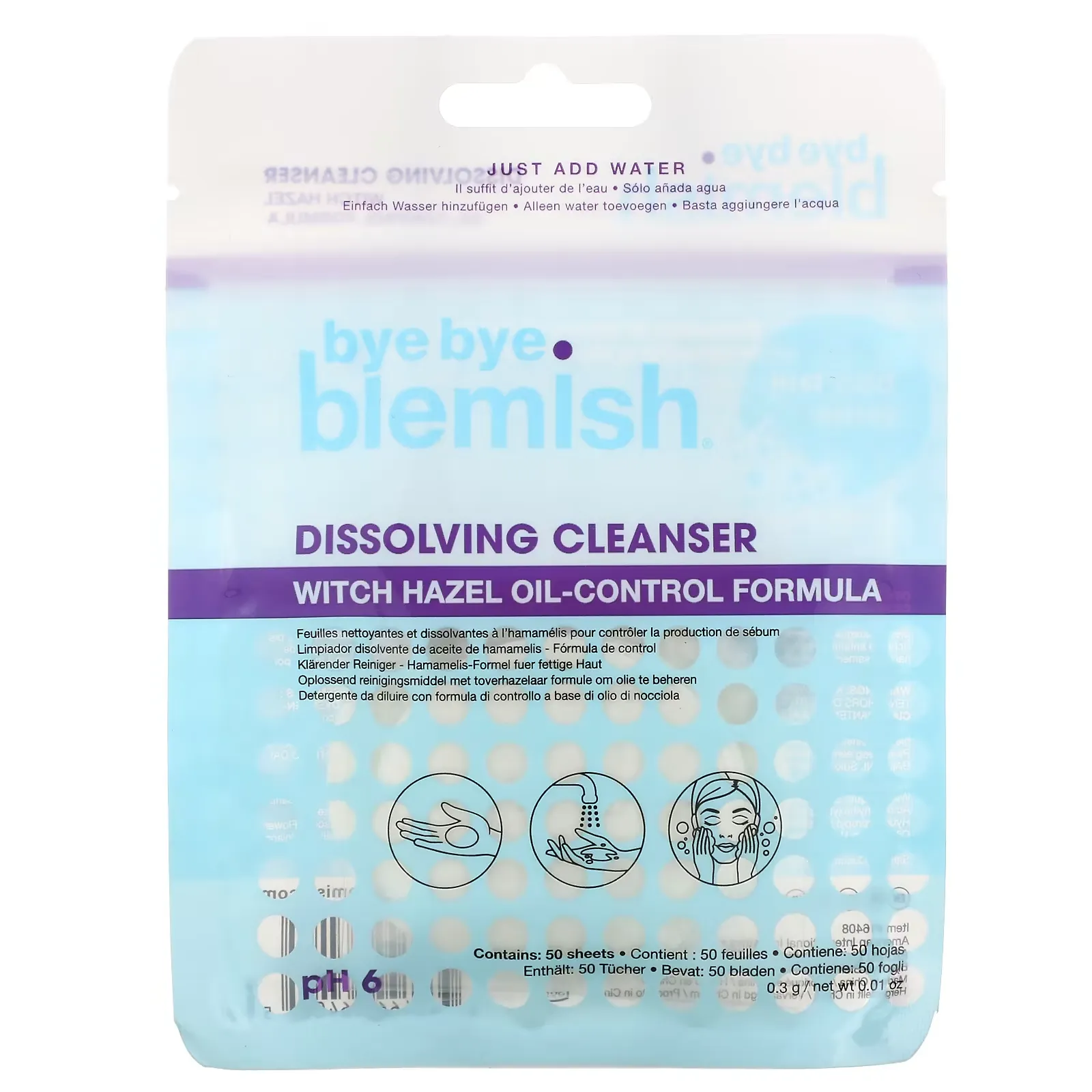 Dissolving Cleanser, Witch Hazel Oil-Control Formula, 50 Sheets, 0.01 oz (0.3 g)