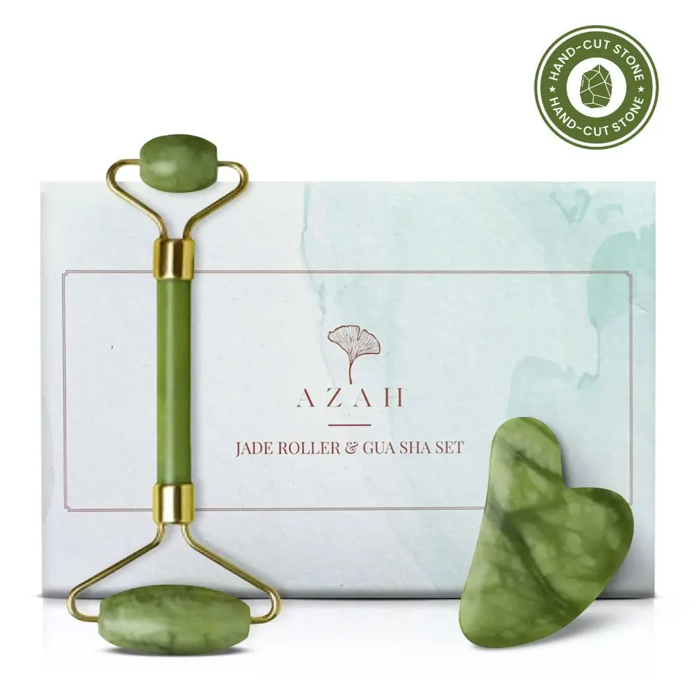 Azah Jade Roller & Gua Sha Set | Reduces Puffiness, Improves Circulation, Relaxes Muscles | Non-Toxic, Sturdy, Noiseless Design