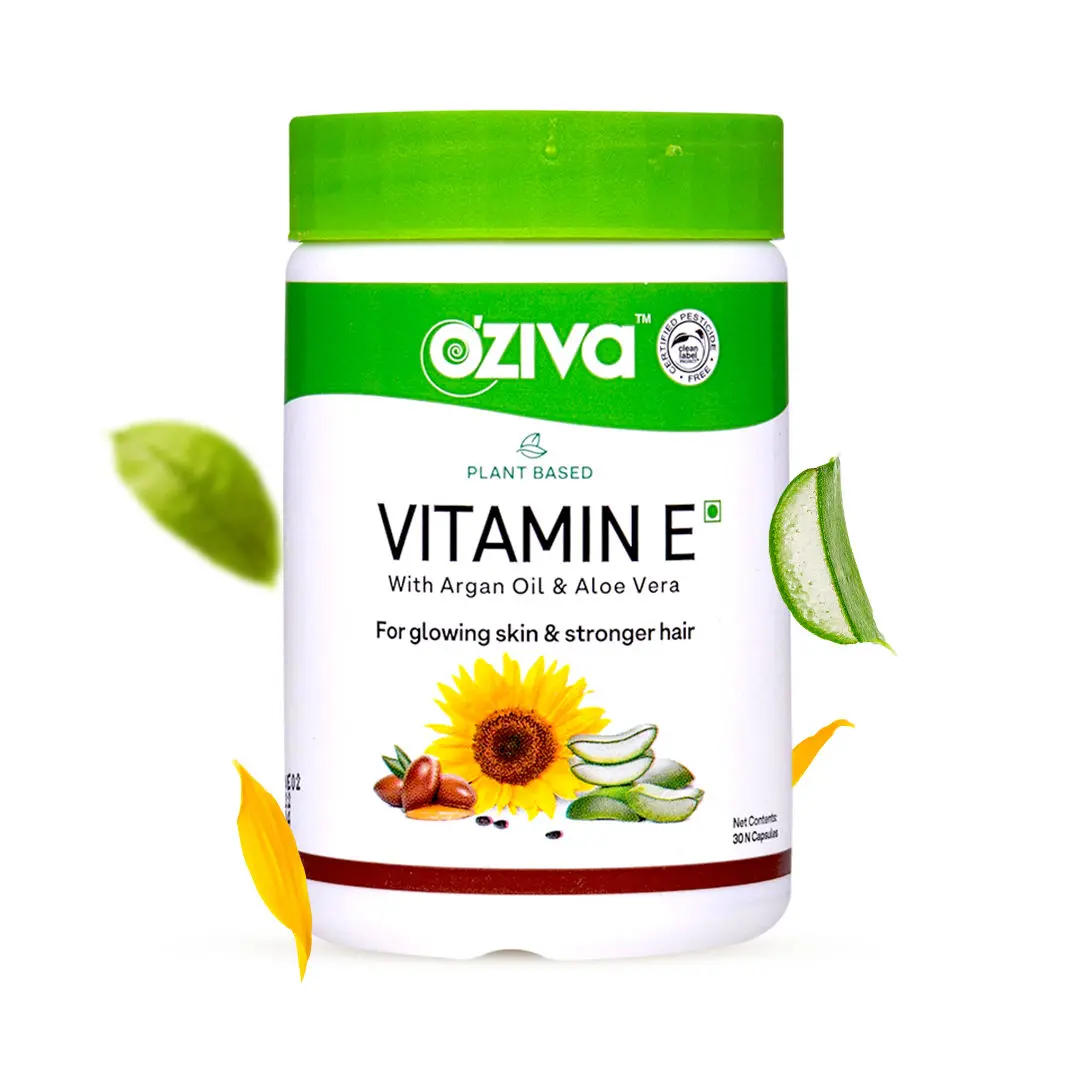 OZiva Plant Based Natural Vitamin E, with Sunflower oil, Aloe vera oil & Argan oil, for Face & Skin Glow & Strong Hair, 30 capsules