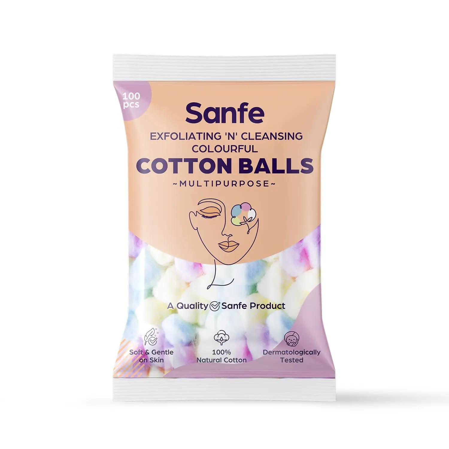 Sanfe Exfoliating 'N' Cleansing Colourful Cotton Balls - For Face Cleansing & Makeup Removal, Colourful - 100 Pieces