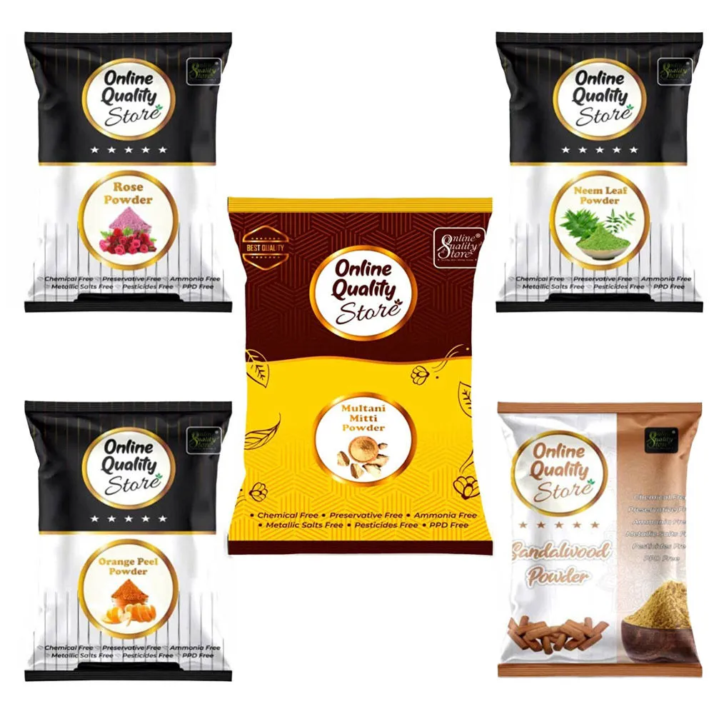 Online Quality Store Multani Mitti, Chandan, Orange Peel, Neem & Rose Powder for Hair & Skin