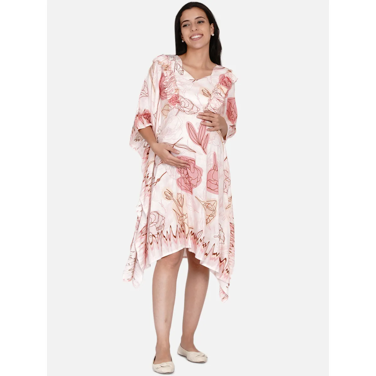 The Kaftan Company Peach Floral Maternity And Nursing Dress Peach (L)