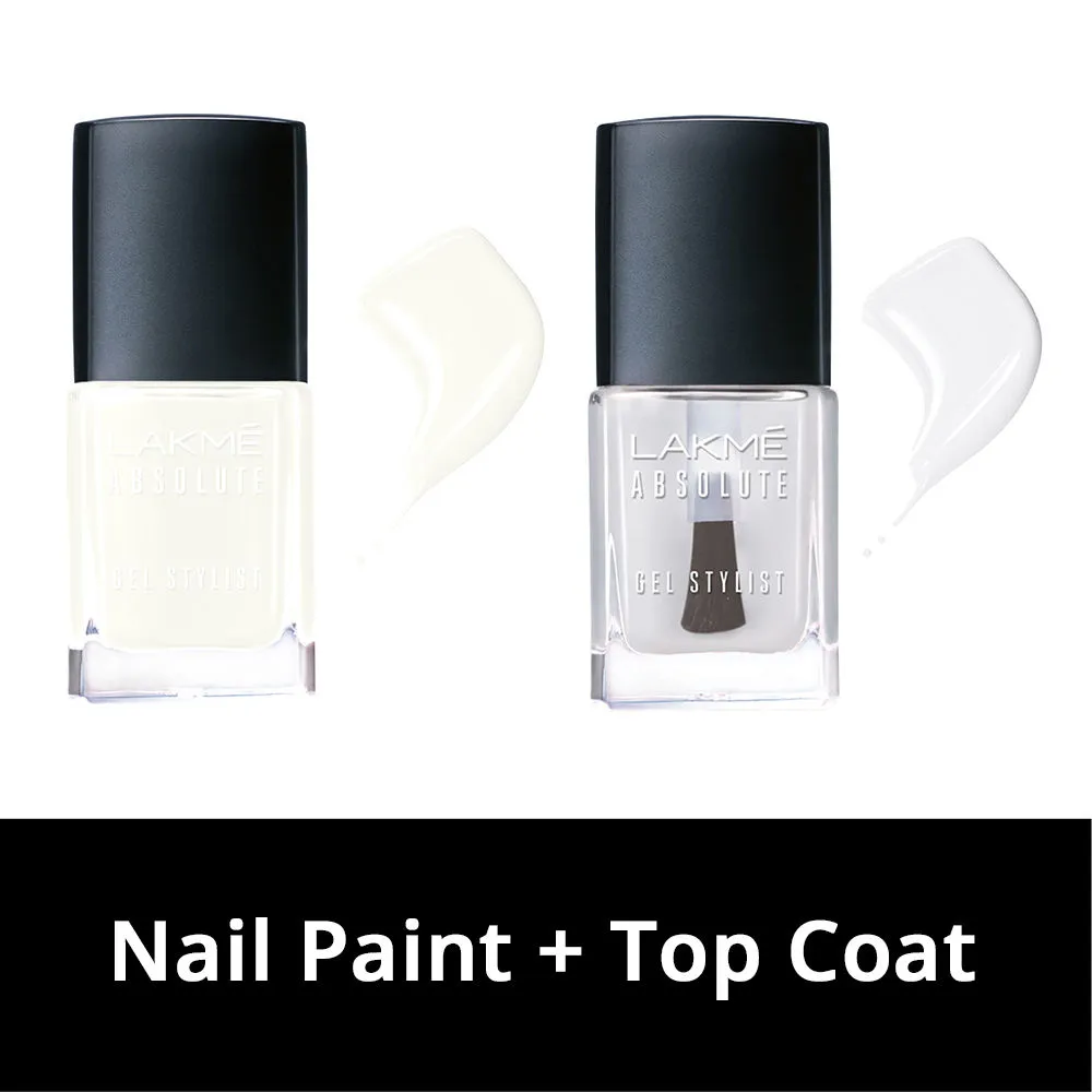 Lakme Absolute Gel Stylist Nail Polish - Snowball + Top Coat Combo