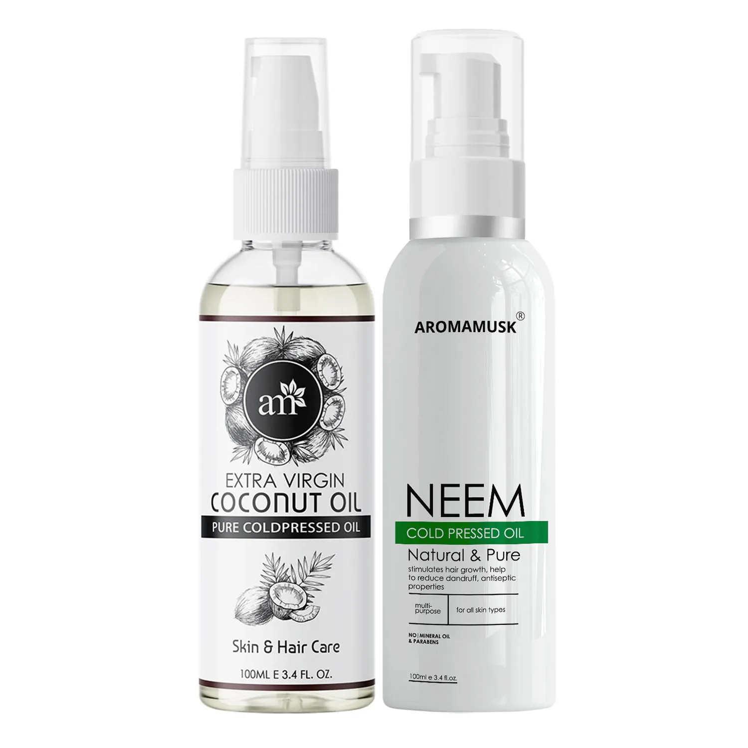 AromaMusk Organic 100% Pure Cold Pressed Extra Virgin Coconut & Neem Oil