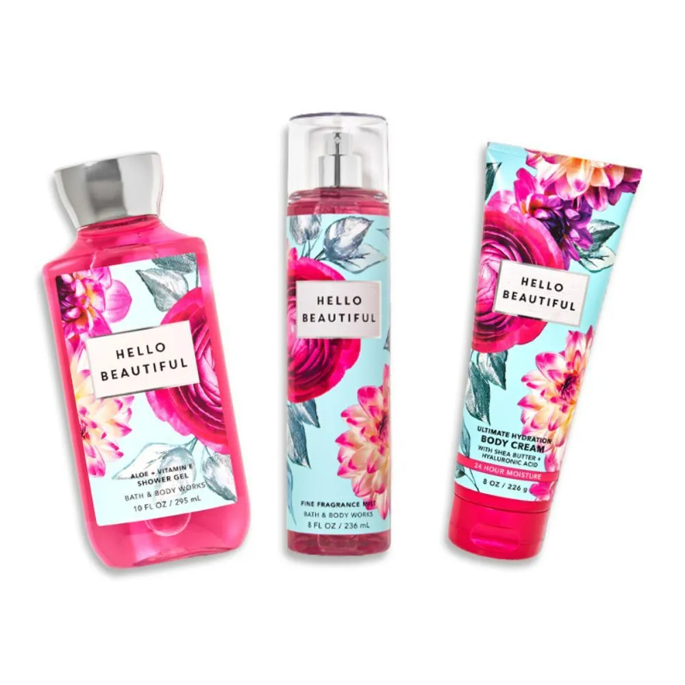 Bath & Body Works Hello Beautiful Shower Gel, Body Cream & Fragrance Mist Combo