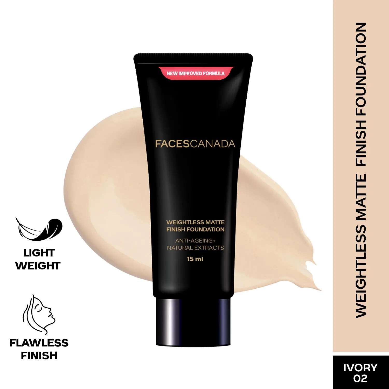 FACES CANADA Weightless Matte Finish Foundation Ivory 02 15ml I Anti-ageing I Non-clog Pores I Lightweight I Olive Seed Oil I Grape Extract I Shea Butter I Cruelty-free I Paraben-free