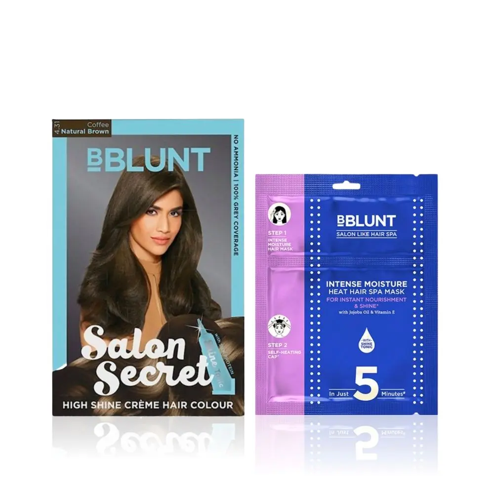 BBLUNT Salon Secret High Shine Creme Hair Colour Coffee Natural Brown 4.31 ( 100 g+8ml)+BBLUNT Intense Moisture Heat Hair Spa Mask with Jojoba Oil & Vitamin E - 70 gm