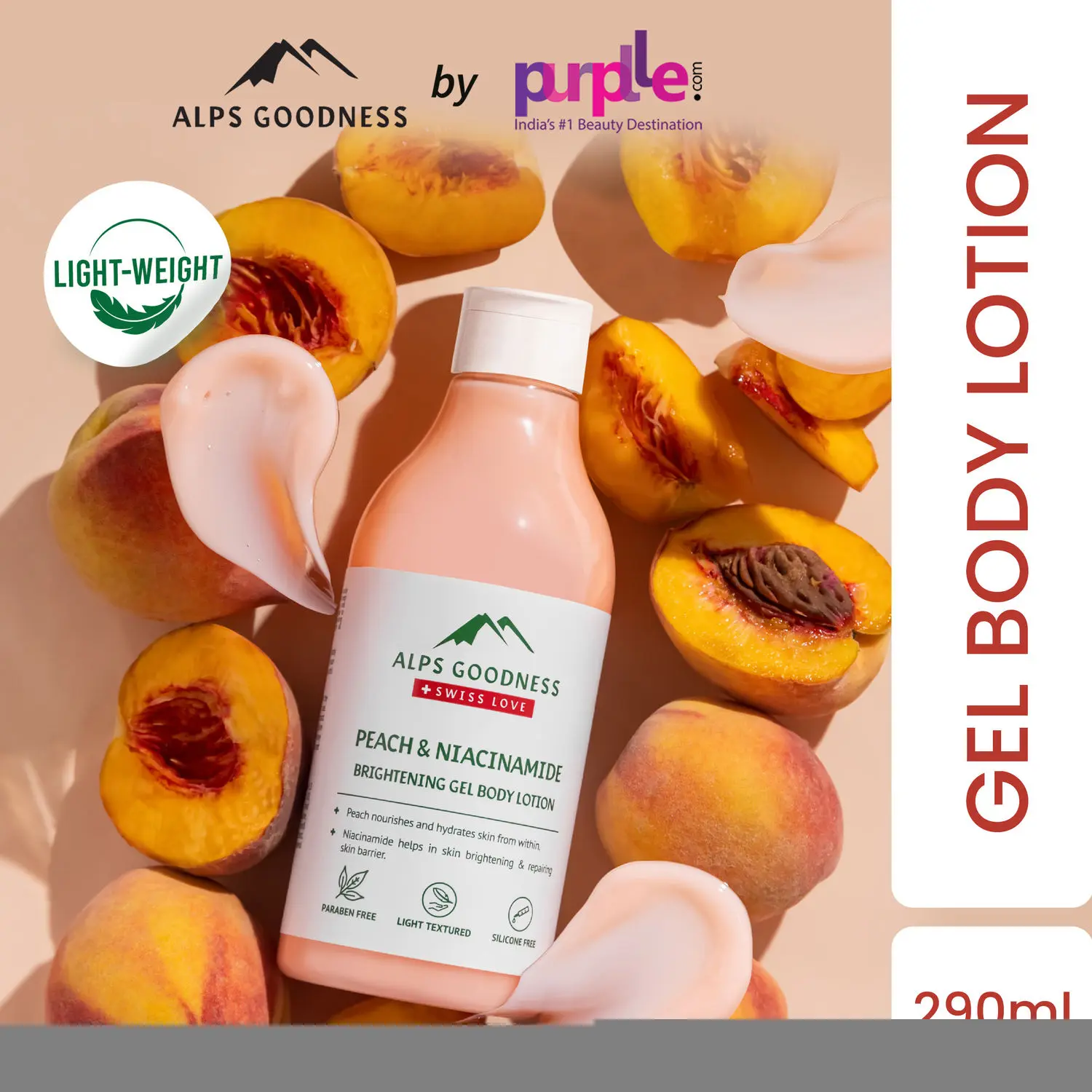 Alps Goodness Peach & Niacinamide Brightening Gel Body Lotion (290 ml)| Top Rated Best Body Lotion | Lightweight Body Lotion| Gel Body Lotion| Silicone Free Body Lotion| No Sulphates| No Parabens| Vegan