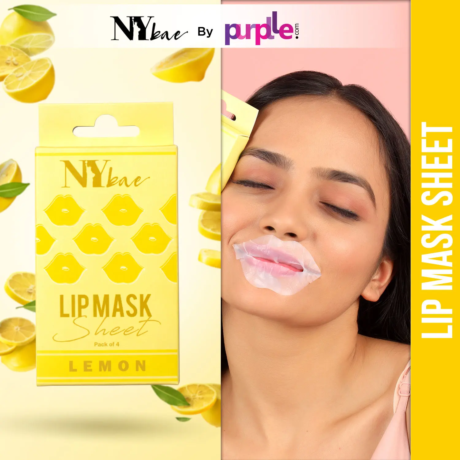 NY Bae Lip Mask Sheet - Pack Of 4 | Plumping | 95 % Natural Ingredients | Instant Hydration | Bio Cellulose Mask | Alcohol Free - Lemon