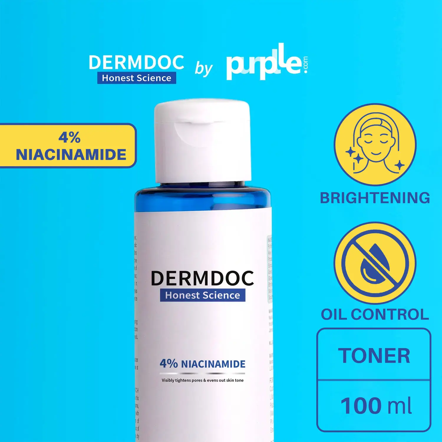 DERMDOC by Purplle 4% Niacinamide Face Toner (100 ml) | Toner for All Skin Type | Alcohol Free Toner | open pores on face | clogged pores | skin brightening