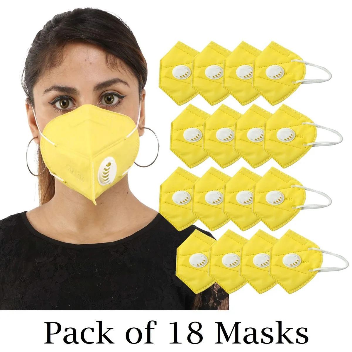 Fabula Yellow KN95 Anti-Pollution Mask with Respirator Valve Pack of 18