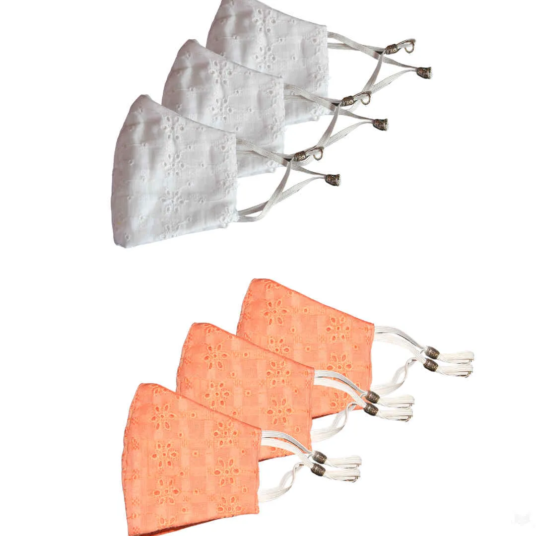 Bellofox White Chikan And Peach Chikan Face Mask (Set Of 6)