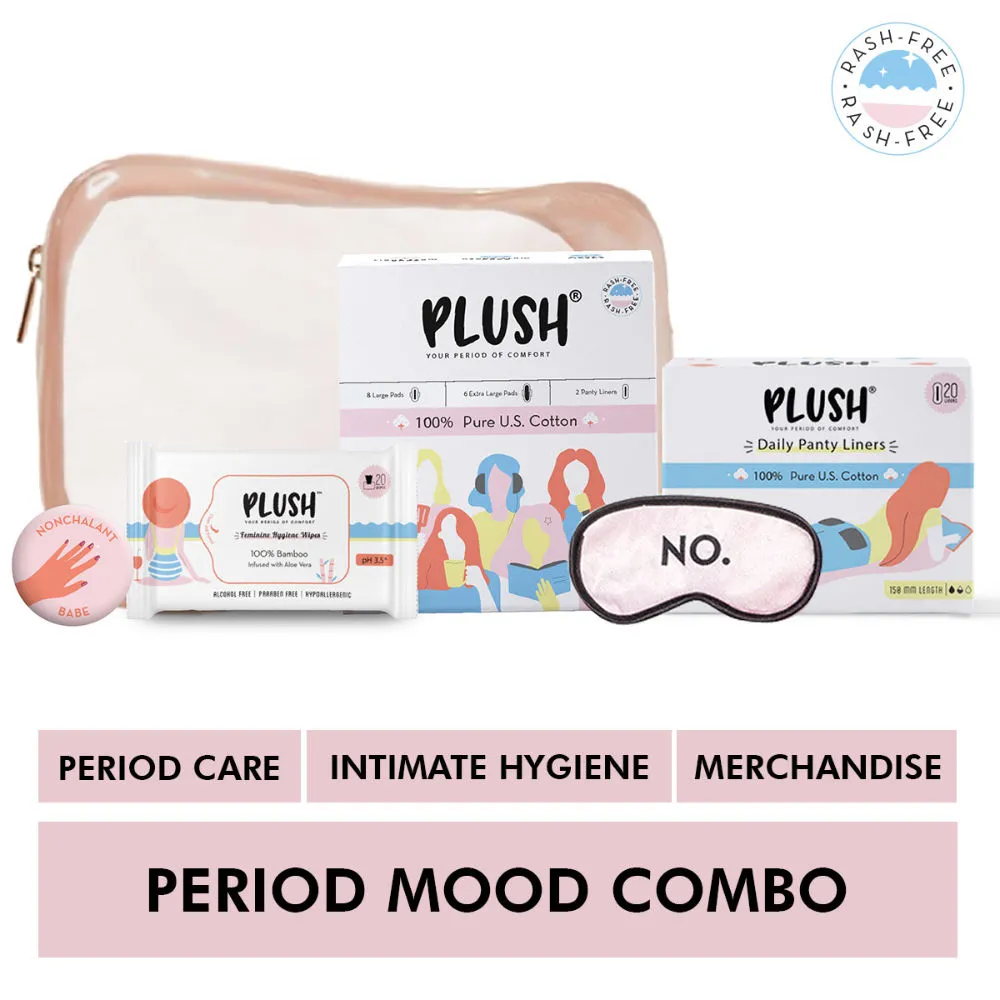 Plush Period Mood Combo with Sanitary Pads Panty Liners Intimate Wipes & Merchandise