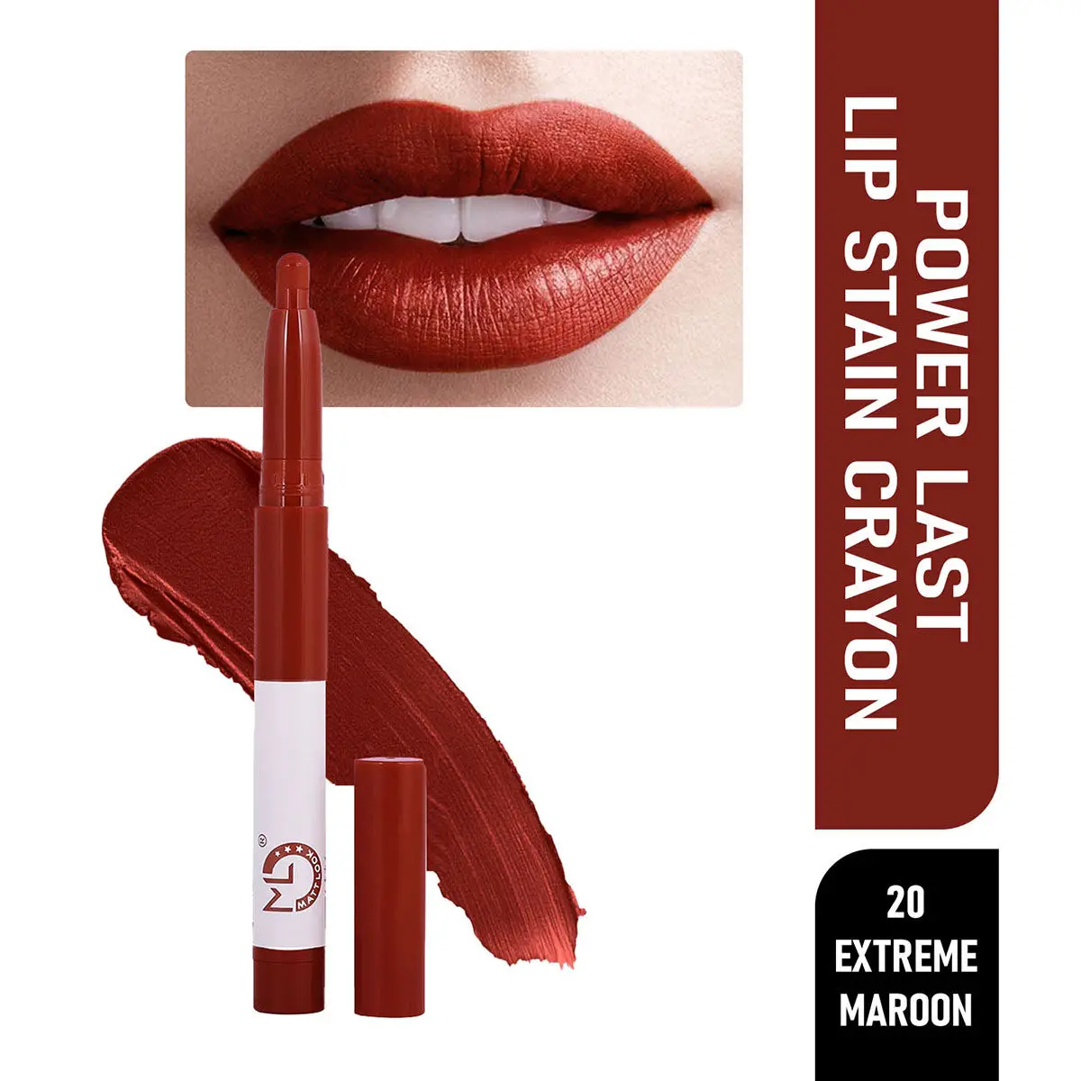 Mattlook Power Last Lip Stain Crayon Lipstick with Built-in Sharpener Rotary Cut, Rich Creamy Matte Texture, Non Transfer & Long Lasting, Precision Applicator, Xtreme Maroon (1.3gm)