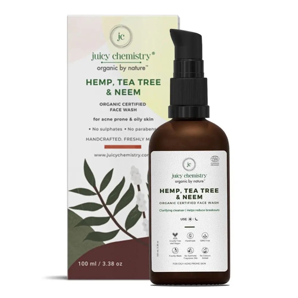 Juicy Chemistry Hemp, Tea Tree & Neem-Organic Face Wash -For Acne Prone & Oily Skin-100ml/3.38oz