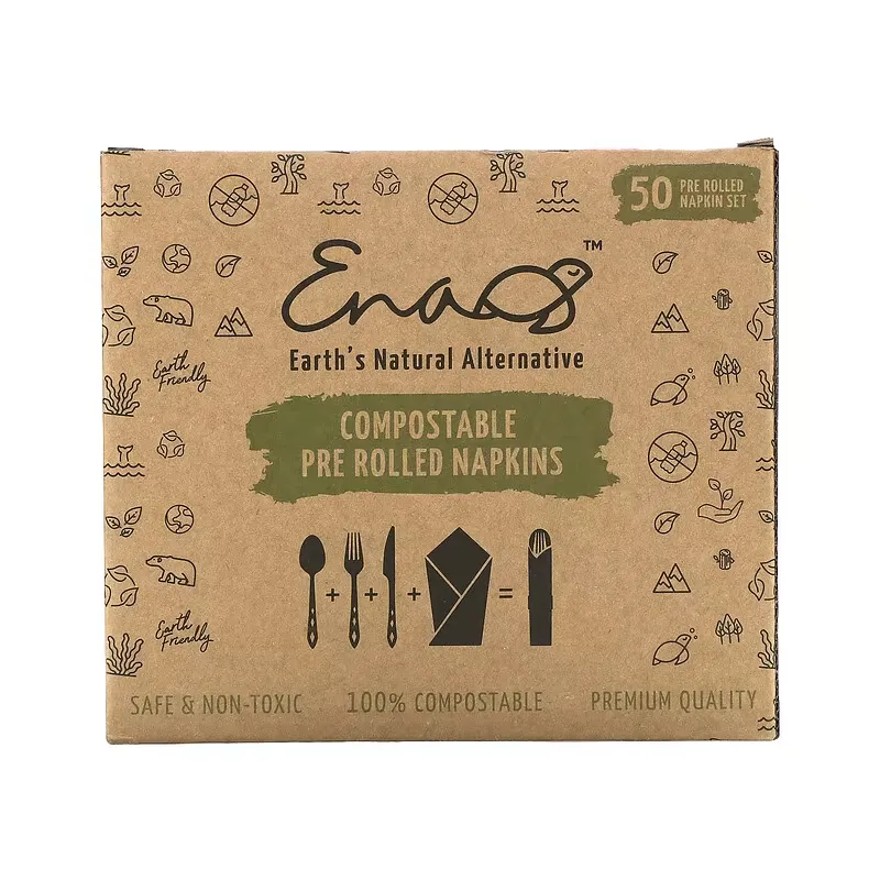 Compostable Pre Rolled Napkins with Knife, Fork and Spoon, 50 Rolls