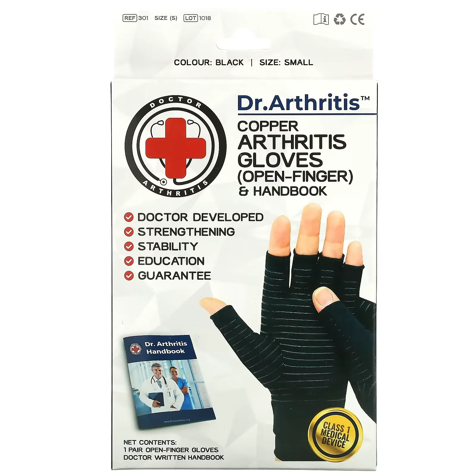 Copper Open-Finger Arthritis Gloves & Handbook, Small, Black, 1 Pair