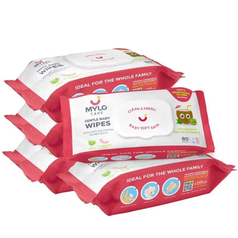 Mylo Care Gentle Baby wipes with 98% Pure Water, Coconut Oil & Neem With Lid - Pack of 5