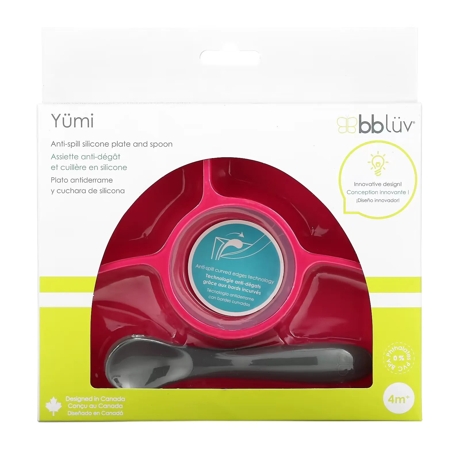 Yumi, Anti-Spill Silicone Plate And Spoon, 4+ Months, Pink, 1 Set