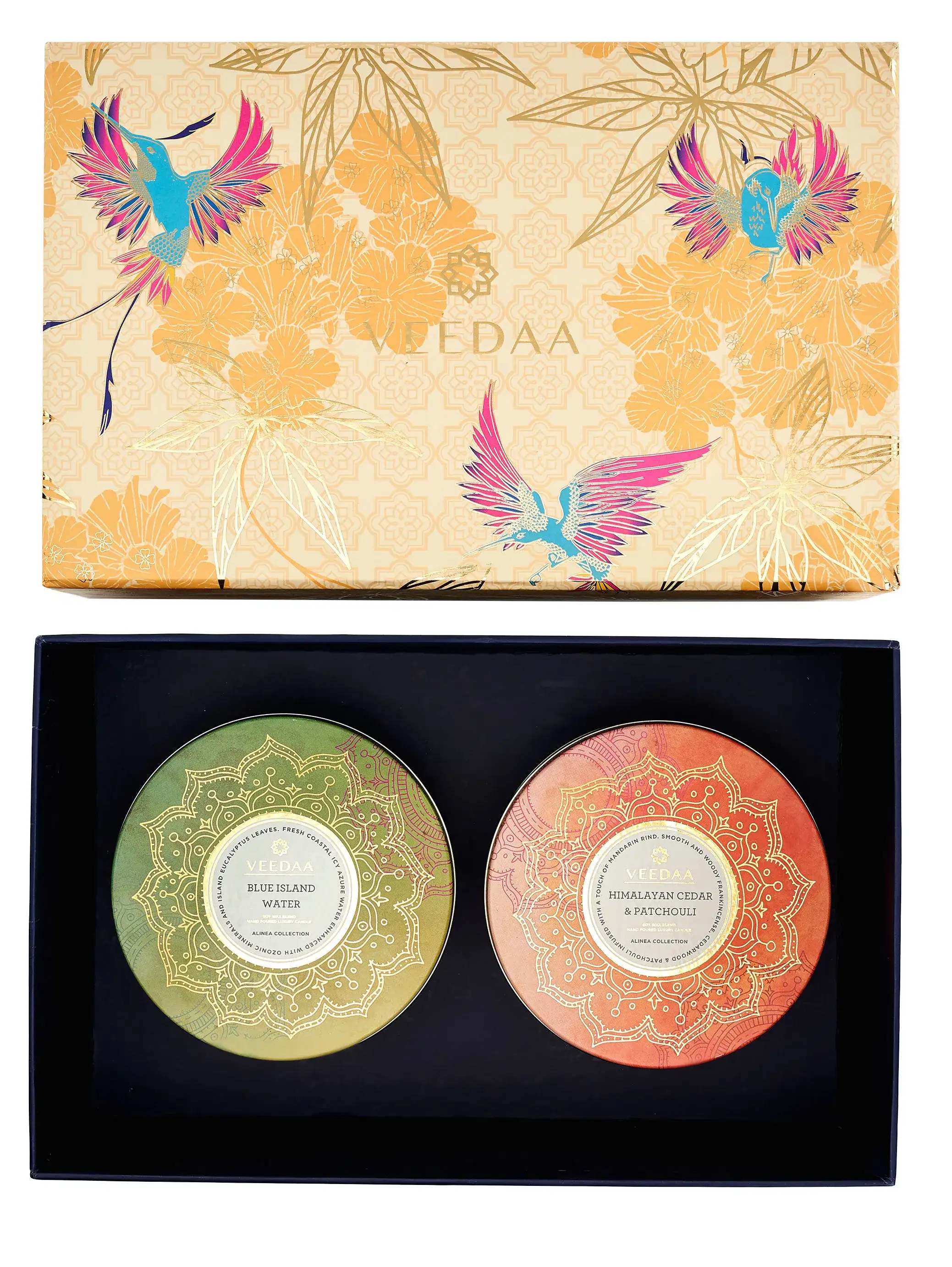 Veedaa Gift Set Blue Island Water And Himalayan Cedar & Patchouli 3 Wick Tin Scented Candles