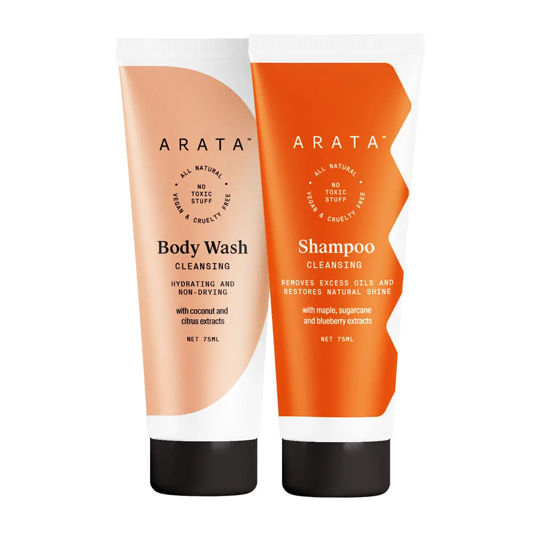 Arata Natural Bath Essentials for Men & Women with Cleansing Shampoo (75 ml) & Body Wash(75 ml)