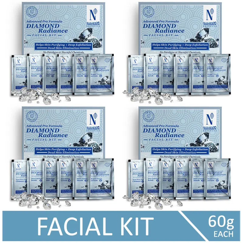 NutriGlow NATURAL'S Advanced Pro Formula Combo Pack of 4 Diamond Radiance Facial Kit For Make Skin Acne & Spot Free, 60gm each