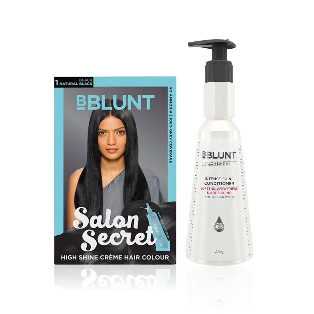 BBLUNT Salon Secret High Shine Creme Hair Colour Natural Black 1 (100 g) With Shine Tonic (8 ml)+BBLUNT Intense Shine Conditioner with Rice & Silk Protein for Softer Smoother & Shinier Hair-250gm