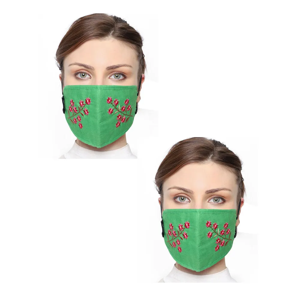 Anekaant Pack Of 2 Green & Pink Cotton 3-Ply Floral Embroidered Fabric Fashion Mask