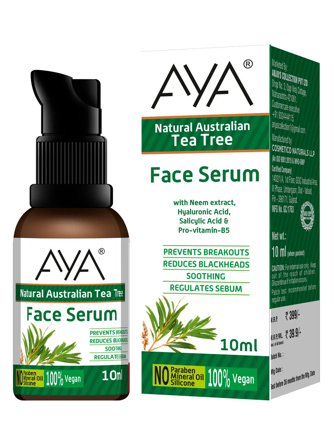 AYA Australian Tea Tree Face Serum (10 ml) | Prevents Break outs, Reduce Blackheads and Soothing | No Paraben, No Silicone, No Mineral Oil