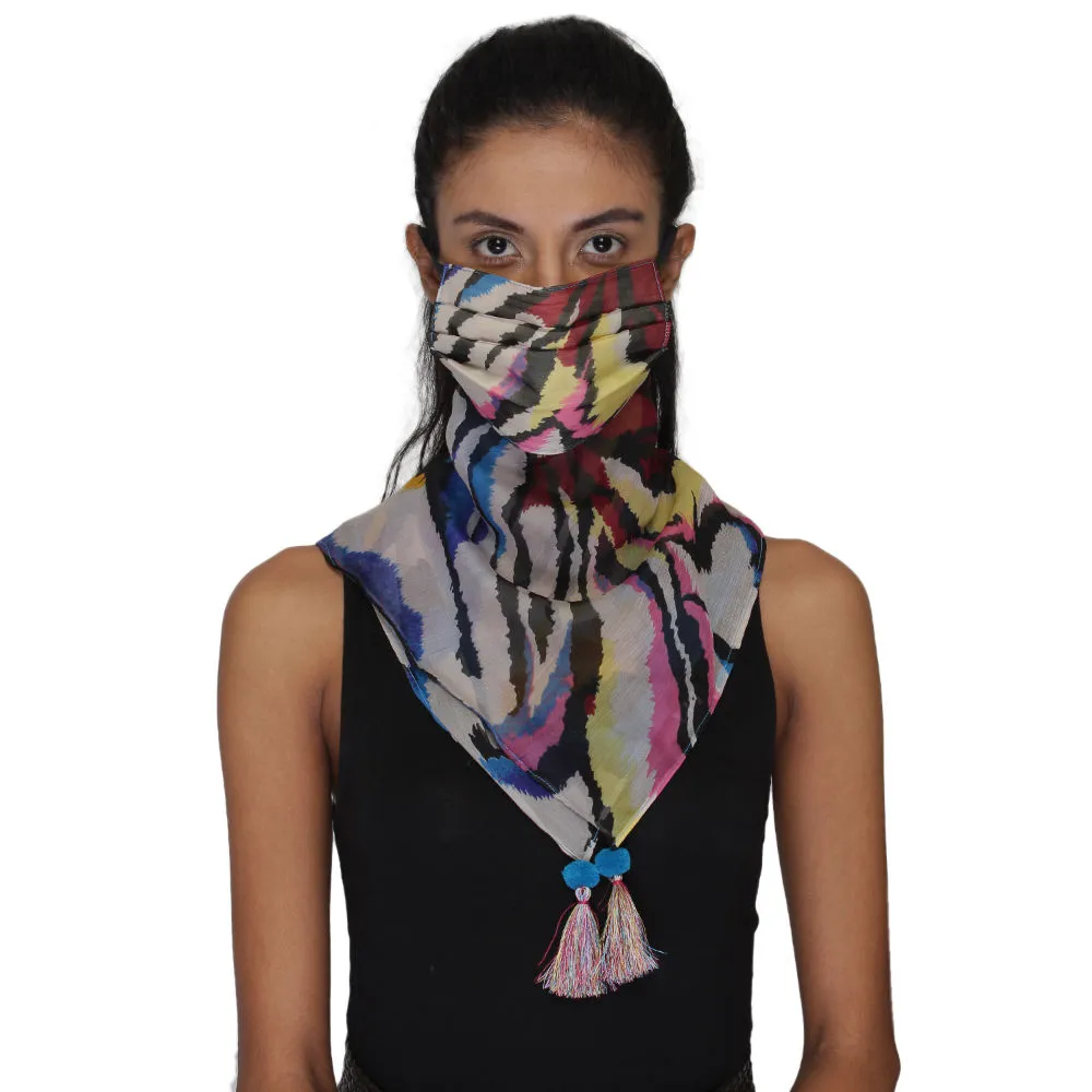 Anekaant 3-Ply Reusable Turquoise & Multi Poly Chiffon Printed Tesselled Scarf Style Fashion Mask