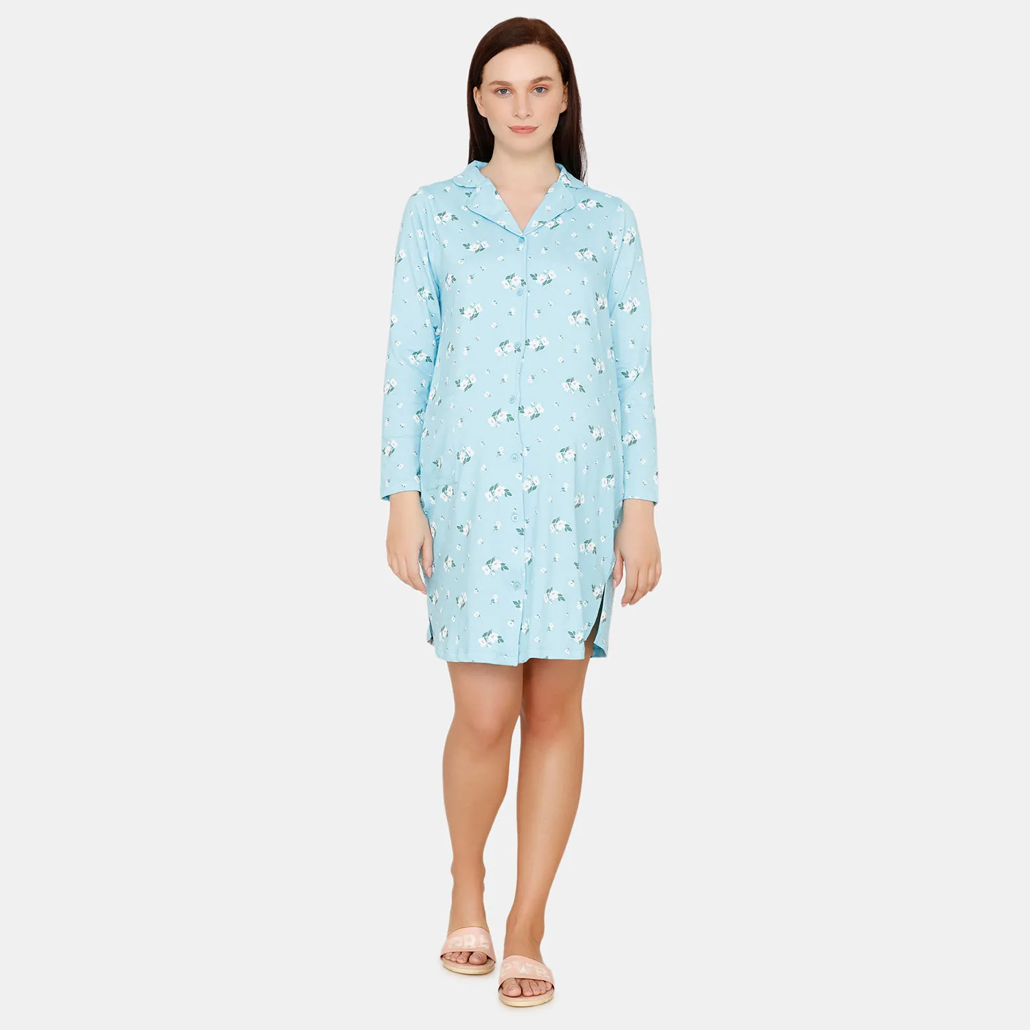 Zivame Maternity Cotton Mid Length Nightdress - Medieval - Blue (S)