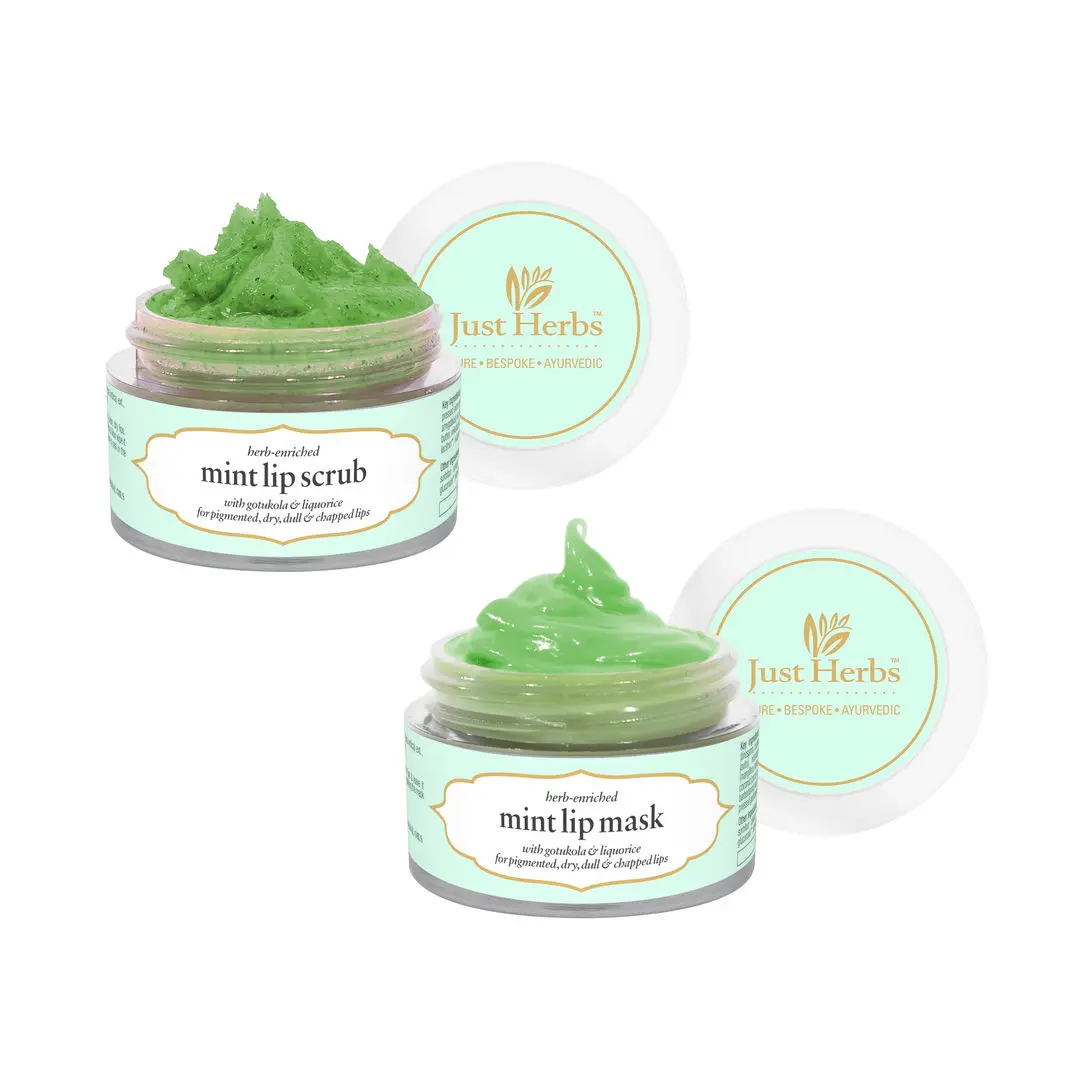 Just Herbs Ayurvedic & Vegan Mint Lip Scrub & Lip Mask duo pack for Chapped, Pigmented & Dark lips (30 g)