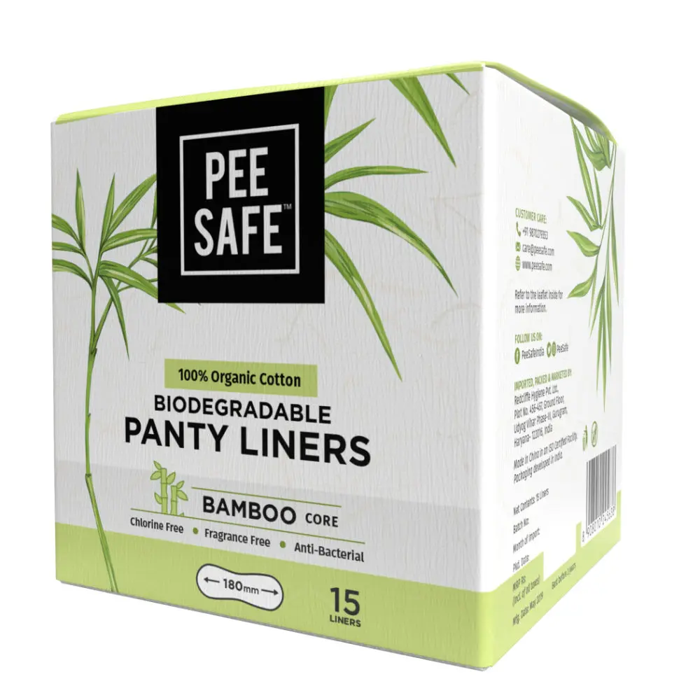 Pee Safe 100% Organic Cotton, Biodegradable Panty Liners - Pack of 15