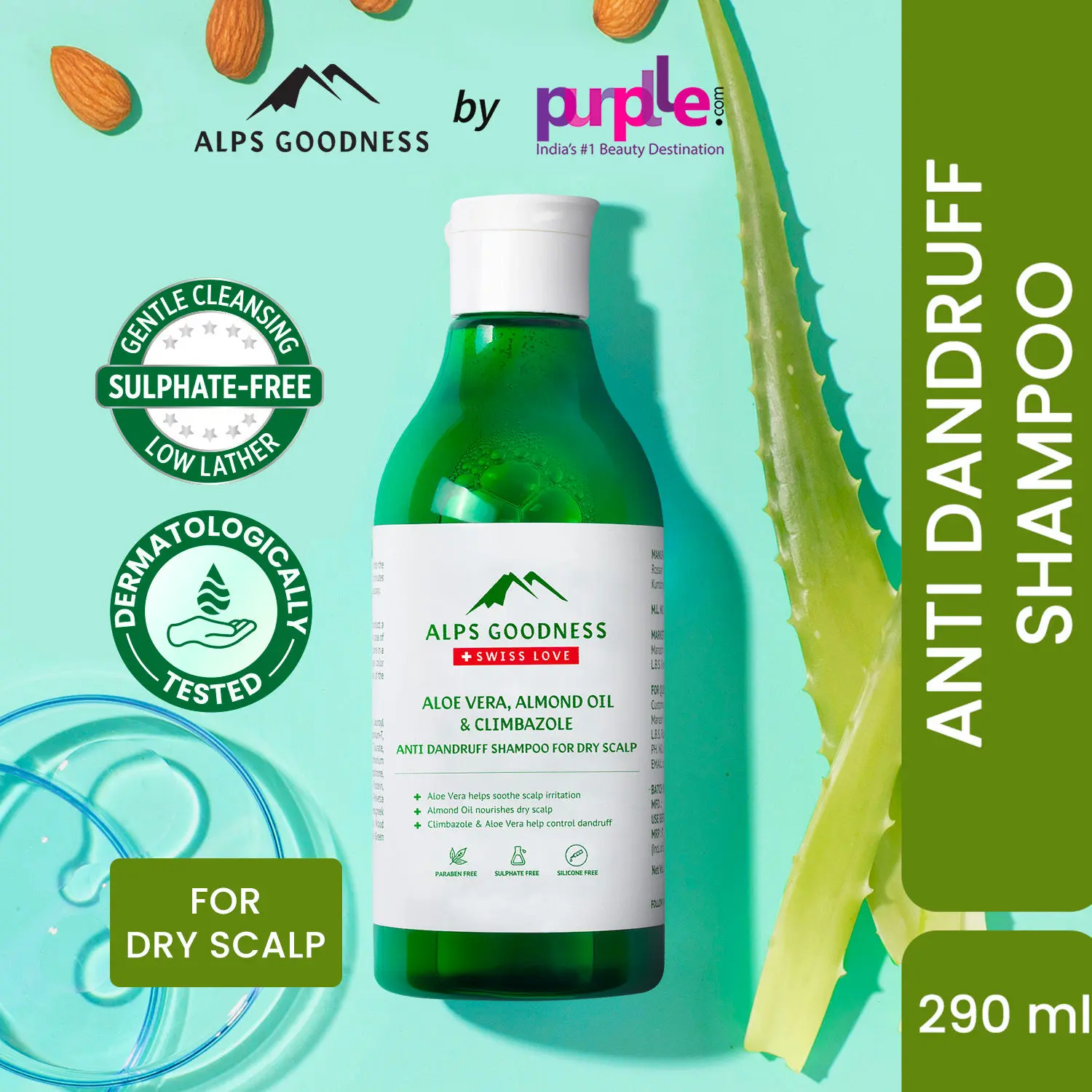 Alps Goodness Aloe Vera, Almond Oil & Climbazole Anti-Dandruff Shampoo for Dry Scalp (290ml) | Sulphate Free Shampoo| Silicone Free Shampoo | Gentle & Mild Cleansing Shampoo| Anti-Dandruff Shampoo| Shampoo for Dry Hair| Shampoo for Dry Scalp