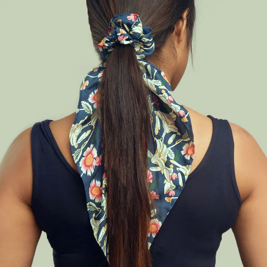 Belleziya Blue Floral Patterend Scarf Schrunchie Hair Bands For Women