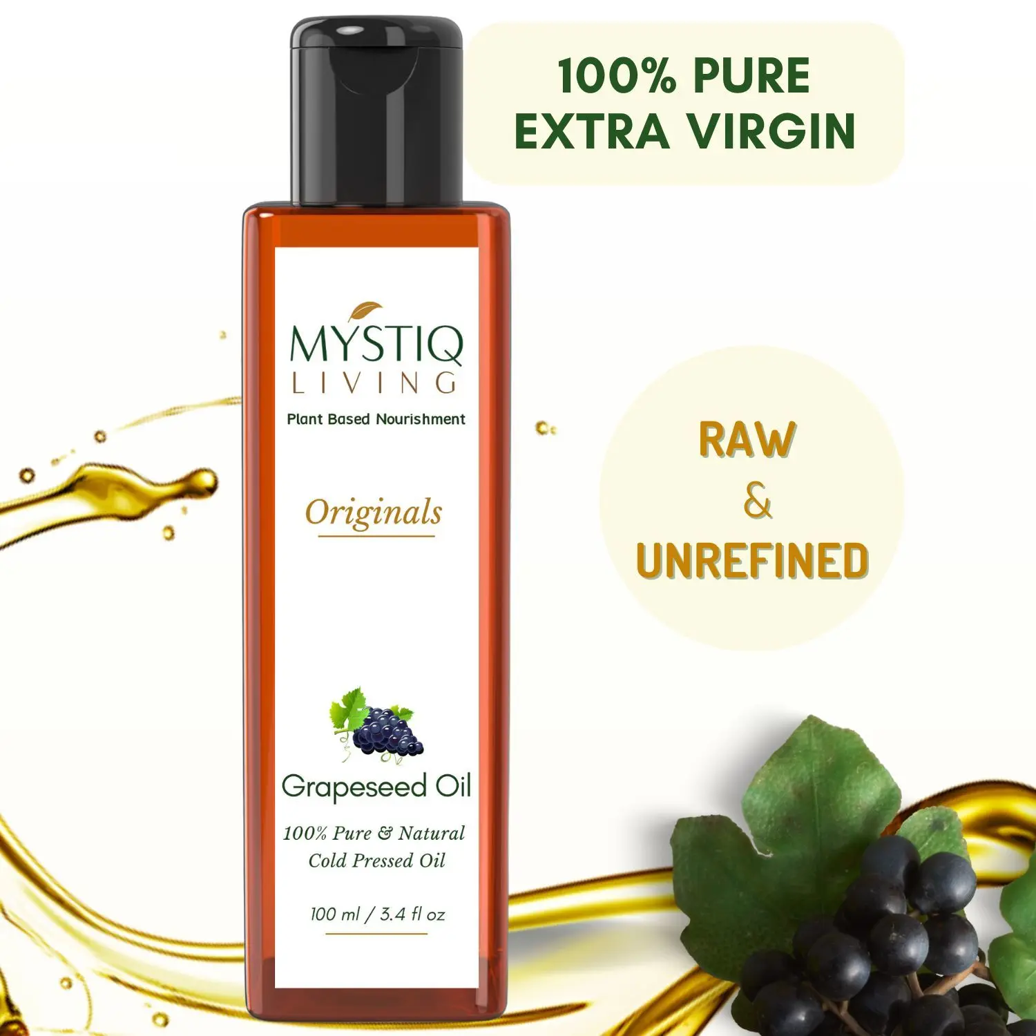 Mystiq Living Originals - Grapeseed Oil For Skin | Cold Pressed |For Face, Skin & Hair l 100% Pure and Natural - 100 ML