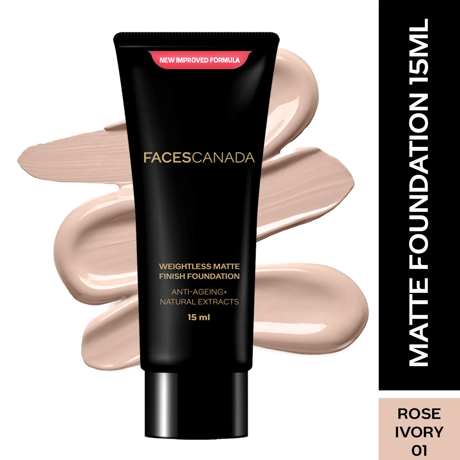 FACES CANADA Weightless Matte Finish Foundation Rose Ivory 01 15ml I Anti-ageing I Non-clog Pores I Lightweight I Olive Seed Oil I Grape Extract I Shea Butter I Cruelty-free I Paraben-free