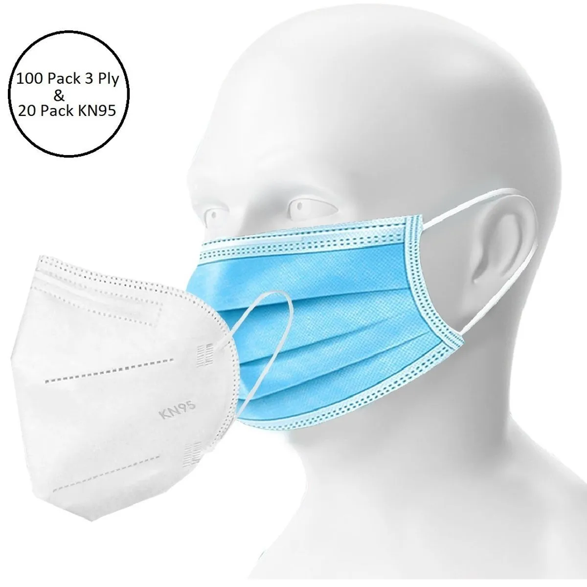 OOMPH Unisex Double Mask Set Of 100 Disposable & 20 KN95 / N95 Masks (White )