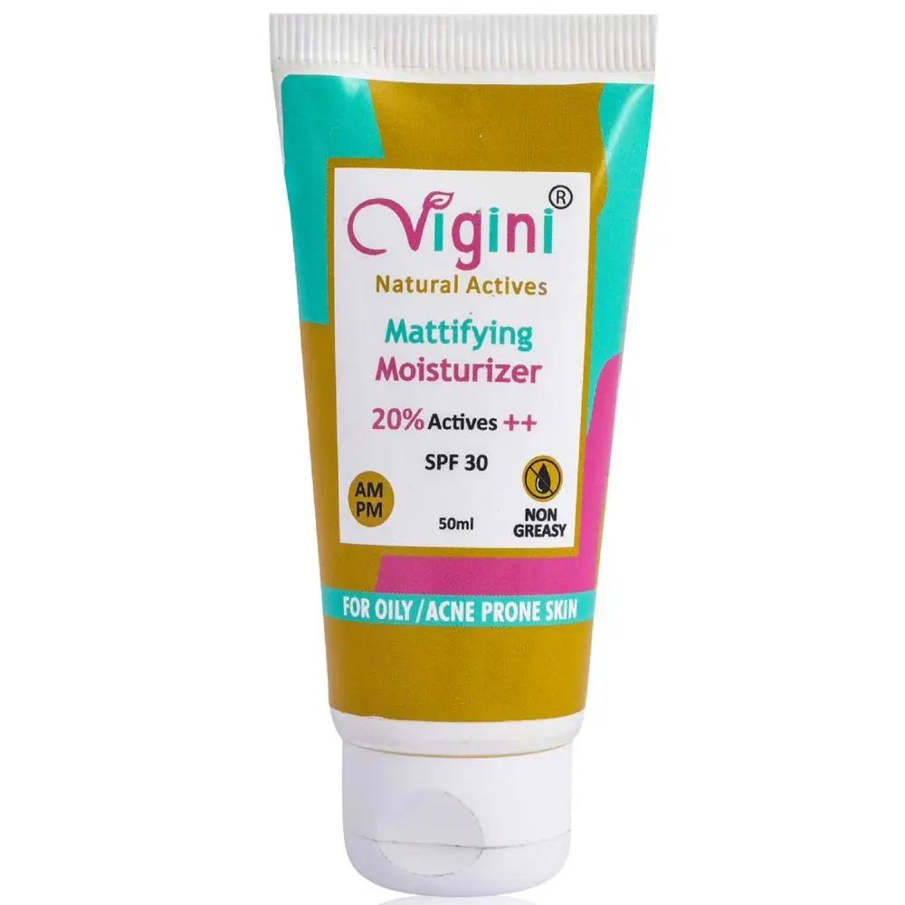 Vigini 20% Actives Oil Free Lightweight Mattifying Moisturizer Acne Prone Skin, Prevents Breakouts, Regulates Sebum, Non Greasy, Non-Comedogenic Hyaluronic Acid Vitamin C & E Ginger Chamomile Rose SPF 30 Men Women 50ml