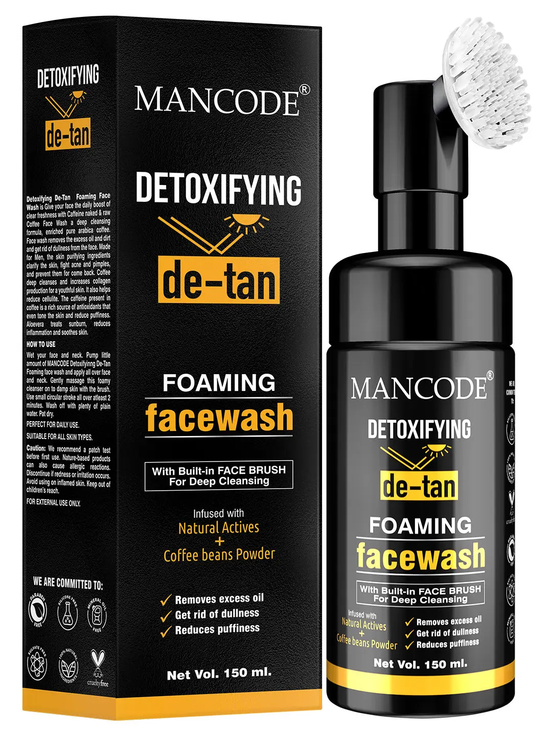 Mancode Detoxifying De Tan Foaming Facewash (With Bult-in Brush) (150 ml)