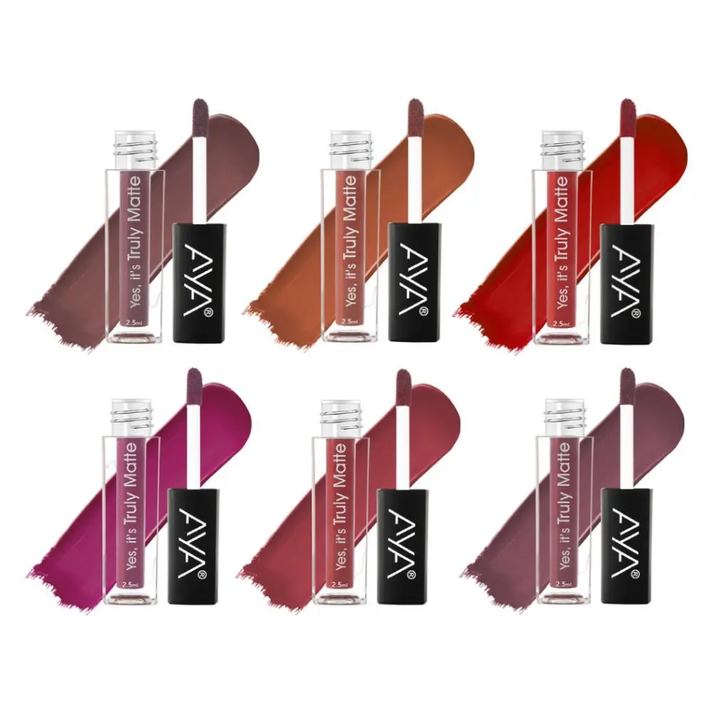 AYA Yes It's Truly Matte Liquid Lipstick,Set of 6, 01 to 06, 2.5 ml*6 | Long Lasting | Waterproof | Kiss Proof | Enriched with Jojoba Oil, Shea Butter, Almond Oil, Vitamin E, SPF