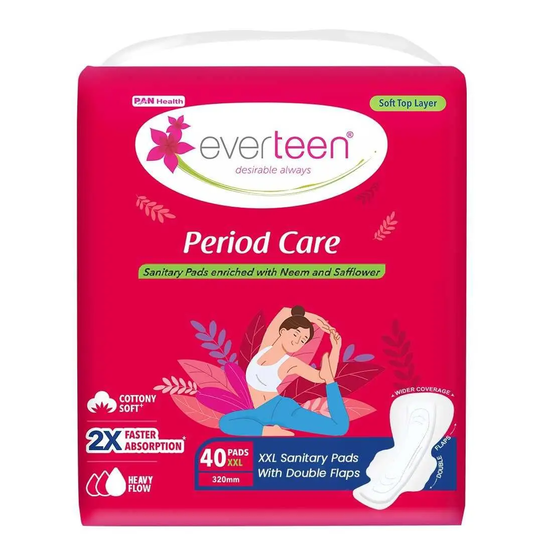 everteen XXL Sanitary Napkin Pads with Cottony-Soft Top Layer for Women, Enriched with Neem and Safflower - 1 Pack (40 Pads, 320 mm)