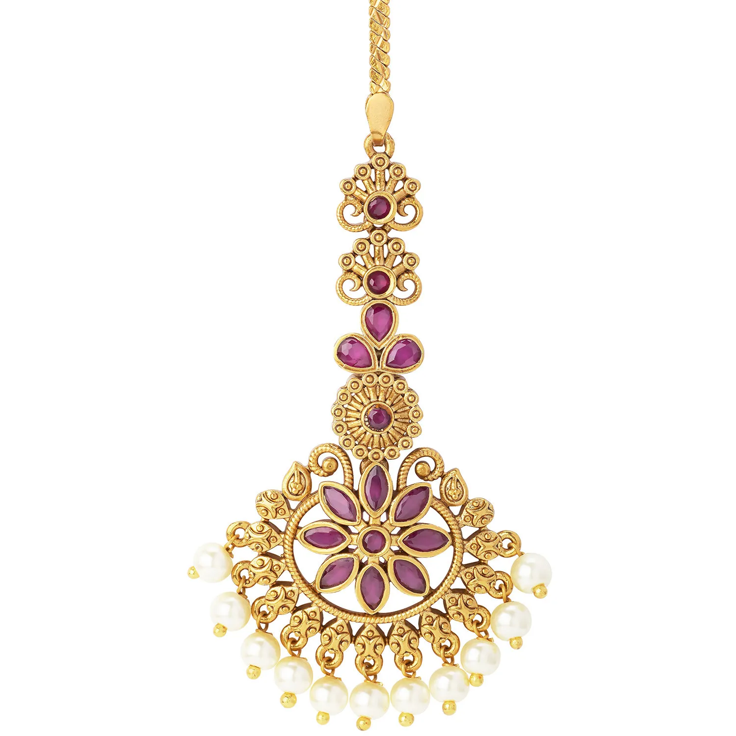 Peora Indian Traditional Matte Gold Finish Ruby Maang Tikka Jewellery For Women Girls (PF53TK21R)