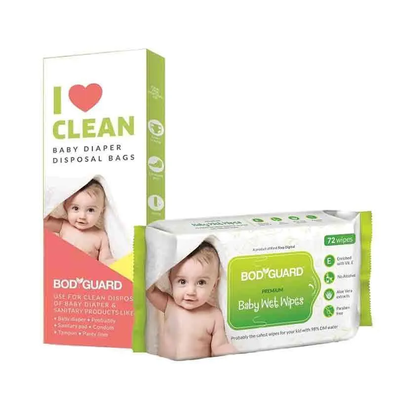 Bodyguard Baby Wet Wipes - 72 Pcs With Baby Diaper Disposal Bags - 15 Pcs