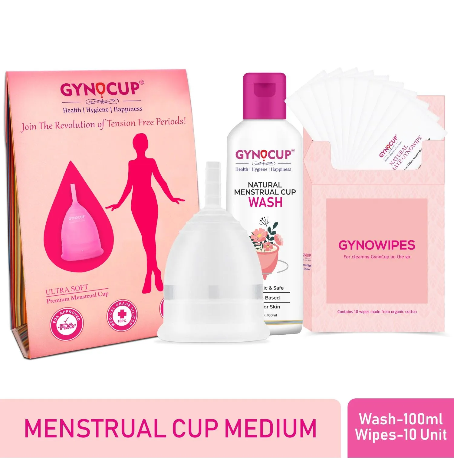 GynoCup Menstrual Cup For Women Transparent Medium Size With Wash And Intimate Wipes (Combo Kit)